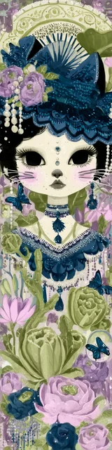 Cat bookmarks featuring a blue hat fancy cat with purple flowers